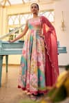 SSHILPA SAMRIYA_Multi Color Anarkali Chiniya Silk Printed Geometric Leaf Floral With Dupatta _Online_at_Aza_Fashions