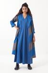Buy_Three_Blue Poplin Solid V Neck Elasticated Armhole Detail Maxi Dress _at_Aza_Fashions