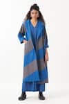 Shop_Three_Blue Poplin Solid V Neck Elasticated Armhole Detail Maxi Dress _Online_at_Aza_Fashions