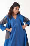 Three_Blue Poplin Solid V Neck Elasticated Armhole Detail Maxi Dress _at_Aza_Fashions