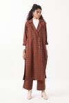 Buy_Three_Brown Melange Print Checkered Notched Collar Overlapped Trench Jacket _at_Aza_Fashions