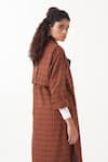 Shop_Three_Brown Melange Print Checkered Notched Collar Overlapped Trench Jacket _at_Aza_Fashions