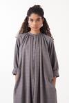 Shop_THREE_Grey Melange Print Checkered Round Collar Gathered Neck Tunic _at_Aza_Fashions