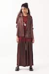 Buy_Three_Brown Satin Lycra Solid Inverted Box Pleated Flared Pant _at_Aza_Fashions