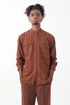 THREE_Brown Melange Stripes Pattern Shirt With Pant _at_Aza_Fashions