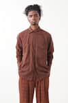 THREE_Brown Melange Solid Checkered Shirt With Pant _at_Aza_Fashions