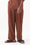 THREE_Brown Melange Checkered Pleated Pant _Online_at_Aza_Fashions