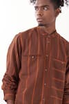 Buy_THREE_Brown Melange Stripe Band Collar Shirt _Online_at_Aza_Fashions