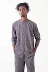 Shop_THREE_Grey Melange Solid Stripe Detailed Shirt _at_Aza_Fashions