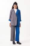 THREE_Blue Melange Plain Lapel Collar Color Block Jacket With Pant _Online_at_Aza_Fashions