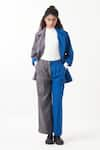 Shop_THREE_Blue Melange Plain Lapel Collar Color Block Jacket With Pant _Online_at_Aza_Fashions