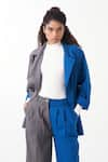 Buy_THREE_Blue Melange Plain Lapel Collar Color Block Jacket With Pant 