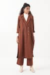 THREE_Brown Melange Chequered Lapel Collar Kaftan Jacket With Pant _Online_at_Aza_Fashions