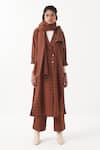 Buy_THREE_Brown Melange Chequered Lapel Collar Kaftan Jacket And Pant Set _at_Aza_Fashions