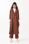 Buy_THREE_Brown Melange Chequered Lapel Collar Kaftan Jacket And Pant Set _Online_at_Aza_Fashions