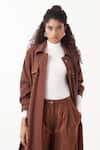 THREE_Brown Melange Stripe Collared Neck Plain Jacket With Pattern Pant _at_Aza_Fashions