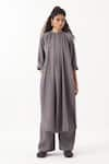 Buy_THREE_Grey Melange Chequered Mandarin Collar Long Shirt With Pant _at_Aza_Fashions