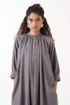 Shop_THREE_Grey Melange Chequered Mandarin Collar Long Shirt With Pant _Online_at_Aza_Fashions