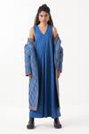 Buy_THREE_Blue Jacket  Twill And Melange Plain Dress V Neck Reversible Quilted With 