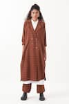 Buy_THREE_Brown Kaftan And Pant Melange Chequered Lapel Collar Long Jacket & Set _at_Aza_Fashions