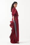 Shop_THREE_Maroon Jacket Wool And Melange Plain Jacket Lapel Color Block & Skirt Set _at_Aza_Fashions