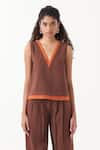 THREE_Brown Melange Plain V Neck Contrast Panelled Top With Pant _Online_at_Aza_Fashions