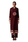 Dania Siddiqui_Wine Flowy Georgette Color Block Collared Nova Hem Tunic With Pant _at_Aza_Fashions