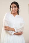 OurDve_White Cotton And Chanderi Notched Button Down Floral Sleeve Dress _at_Aza_Fashions