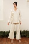 OurDve_Beige Cotton Embroidered Thread V Neck Overlap Top And Pant Set _Online_at_Aza_Fashions