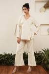 Buy_OurDve_Beige Cotton Embroidered Thread V Neck Overlap Top And Pant Set _Online_at_Aza_Fashions