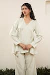 OurDve_Grey Cotton Embroidered Thread V Neck Overlap Placement Top And Pant Set _Online_at_Aza_Fashions