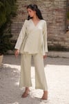 OurDve_Grey Cotton Embroidered Thread V Neck Overlap Placement Top And Pant Set _at_Aza_Fashions