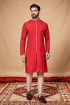 Buy_Arihant Rai Sinha_Red Art Silk Plain Embroidered Band Collar Kurta With Pant Pyjama _at_Aza_Fashions