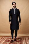 Buy_Arihant Rai Sinha_Black Art Silk Plain Printed Band Collar And Placket Kurta With Pant Pyjama _at_Aza_Fashions