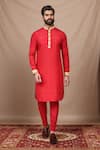 Buy_Arihant Rai Sinha_Red Art Silk Plain Bahar Embroidered Band Collar Kurta With Pant Pyjama _at_Aza_Fashions