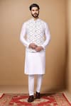 Buy_Aryavir Malhotra_White Cotton Silk Embroidered Thread Bundi Jacket _at_Aza_Fashions