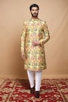 Buy_Aryavir Malhotra_Yellow Sherwani Velvet Woven Floral Jacquard And Pant Set _at_Aza_Fashions