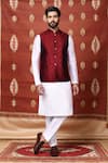 Buy_Aryavir Malhotra_Maroon Satin Silk Floral Woven Bundi Jacket _at_Aza_Fashions