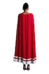 Dania Siddiqui_Red Matte Finish Satin Plain V-neck Emilia Attached Cape Midi Dress _at_Aza_Fashions