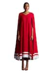 Buy_Dania Siddiqui_Red Matte Finish Satin Plain V-neck Emilia Attached Cape Midi Dress 