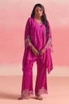 Buy_One Not Two_Pink Kurta Silk Embroidery Stones V-neck Sequins Asymmetric And Pant Set _at_Aza_Fashions