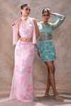 Akashi Clothing_Pink Modal Satin Embroidered Cut Dana Cowl Neck Floral Skirt With Top _Online_at_Aza_Fashions