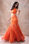 Buy_Akashi Clothing_Orange Pure Organza Embroidered Cut Dana Floral Godet Lehenga With Vest Blouse _Online_at_Aza_Fashions