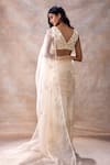 Shop_Akashi Clothing_Off White Pure Organza Embroidered Cut Dana V-neck Pre-draped Skirt Saree Set _at_Aza_Fashions