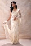 Buy_Akashi Clothing_Off White Pure Organza Embroidered Cut Dana V-neck Pre-draped Skirt Saree Set _Online_at_Aza_Fashions