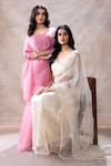 Akashi Clothing_Off White Pure Organza Embroidered Cut Dana V-neck Pre-draped Skirt Saree Set _at_Aza_Fashions