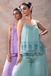 Akashi Clothing_Blue Pure Organza Embroidered Cut Dana Square Floral Tunic With Flared Pant _at_Aza_Fashions