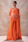 Buy_Akashi Clothing_Orange Modal Satin Embroidered Cut Dana Floral Sheer Short Flared Pant Set _at_Aza_Fashions