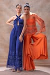 Buy_Akashi Clothing_Orange Modal Satin Embroidered Cut Dana Floral Sheer Short Flared Pant Set _Online_at_Aza_Fashions