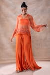 Akashi Clothing_Orange Modal Satin Embroidered Cut Dana Floral Sheer Short Flared Pant Set _at_Aza_Fashions